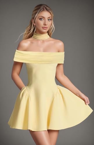 2025 Off The Shoulder A-Line Homecoming Dresses for Teens A-Line Short Satin Cocktail Party Gown with Scarf3
