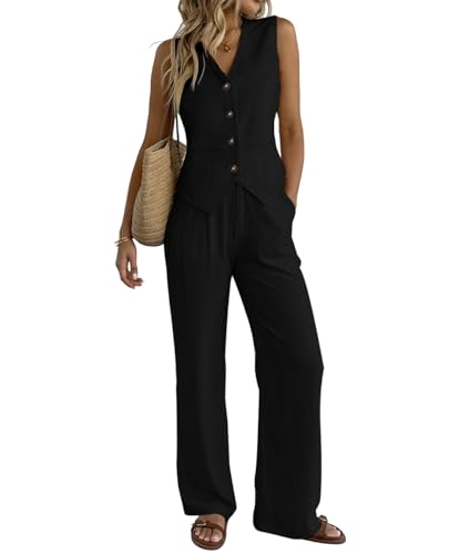 Catálogo para Comprar On-line Trajes de vestir para Mujer - 5 favoritos. 46 VIOPY Conjunto Chaleco y Pantalon Mujer 2 Piezas Traje Conjuntos de Lino Casuales para Mujeres Elegante con Botones, Cuello en V (Negro, G)