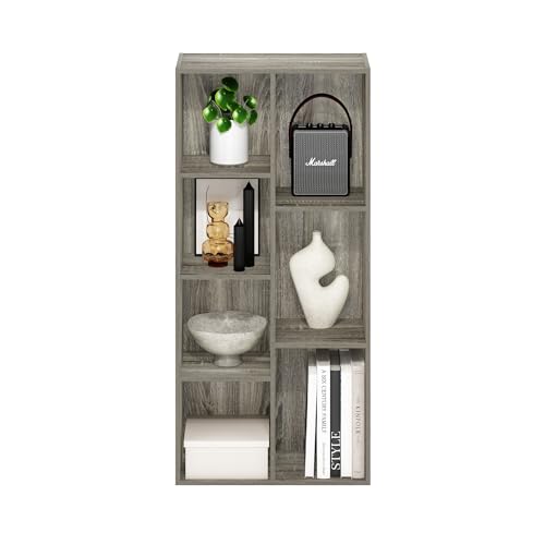 Image of Furinno LUDER Book Shelf, 7-Cube Bookshelf, Bookcase with Open Shelves, 9.4 x 19.5 x 41.7, Easy Assembly, for Living Room, Bedroom, Home Office, French Oak