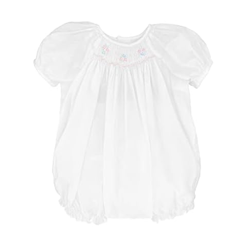 Petit Ami Baby Girls' Hand-Embroidered Smocked Bubble (White, Newborn) Cover