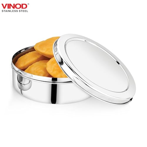 Image of Vinod Stainless Steel Puri Dabba | 2100ml Capacity, 21cm Diameter | Multipurpose Stainless Steel Flat Storage Container for Puri, Snacks, Dry Food, Tiffin & Travel Use