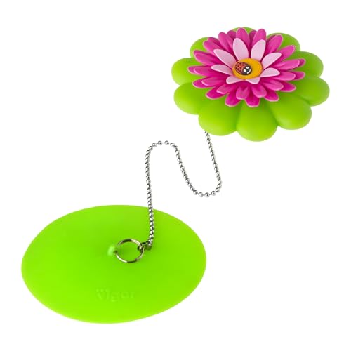 Vigar Flower Power Bathtub Drain Stopper, Tub Stopper with Chain and Daisy-shaped Floaty, 4-1/10 Inches, Perfect Bathroom Accessories, Pink, Green