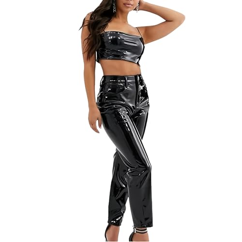 Women's Elegant Pants PU Shiny Patent Faux Leather High Waist Cropped Trousers Clubwear Style Trendy Designer Clothes3
