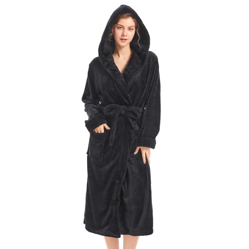 Image of Inner Wish Women Hooded Plush Robe, Fleece Highly Absorbent Cozy Warm Bathrobe