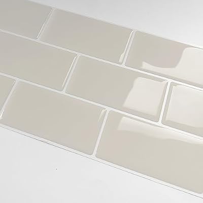 Alwayspon 10 Sheets 3D Thickened Peel and Stick Vinyl Backsplash Tiles, 12"x6" Self-Adhesive Wallpaper Wall Tile Stickers Stick on Subway Tiles for Kitchen Bathroom, Beige