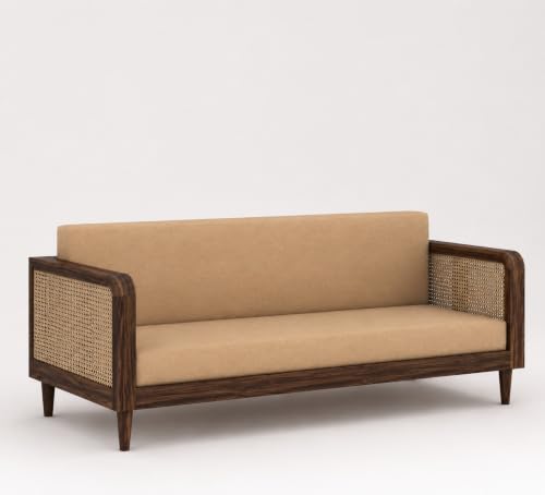 Image of Wooden 5 Seater Sofa Set for Living Room | Solid Sheesham Wood Sofa Set 5 Seater for Living Room 3+1+1 | Rattan Cane Sofa Set 5 Seater (Walnut Finish)