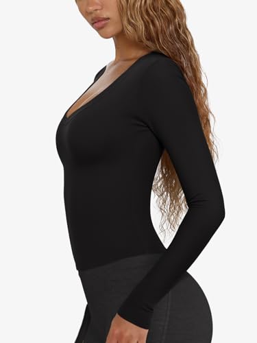 LASLULU Womens Long Sleeve Sexy V Neck T Shirts Basic Workout Tops Athletic Yoga Casual Crop Top2