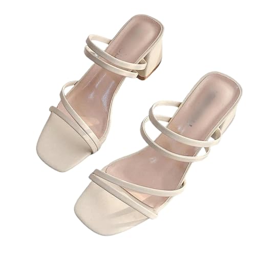 SUUNNY Slippers Women's High Heel Sandals Summer Casual Women's Shoes Women's Square Heel Open Toe Ankle Strap-Creamy-white-38