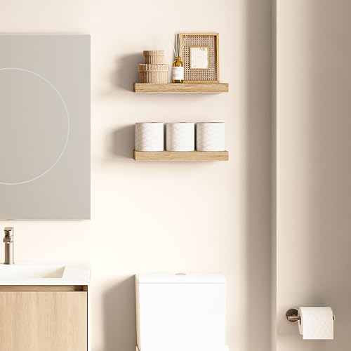 Ballucci Floating Shelves, 16" Wood Wall Shelf Set of 2, Invisible Brackets Floating Shelf Bathroom Wall Decor, Living Room, Bedroom, Kitchen, Nursery, 6" Deep, Natural Oak by Ballucci - Image 2