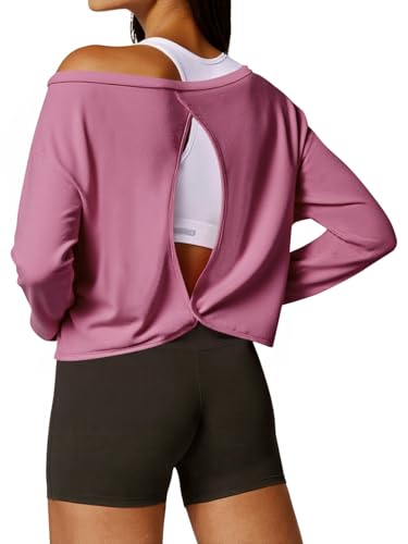 Long Sleeve Crop Workout Tops for Women Round Neck Gym Shirts Woman Fall Fashion Yoga Running Backless Top Pink M