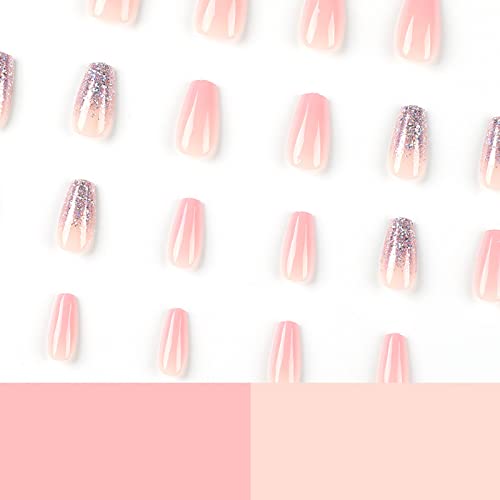 Fuldgaenr Press On Nails Medium Coffin Spring Fake Nails Pink Gradient With Glitter Sequins Design Acrylic Nails Press On Glossy Glue On Nails Artificial Stick On Nails For Women 24Pcs #TOP2