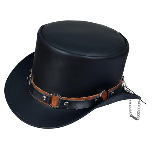 Handmade Leather Top Hat Shapeable Brim Victorian Steampunk Style Multiple Colors Men Women (US Alpha Large X-Large Black with Rings and Chain Hatband)
