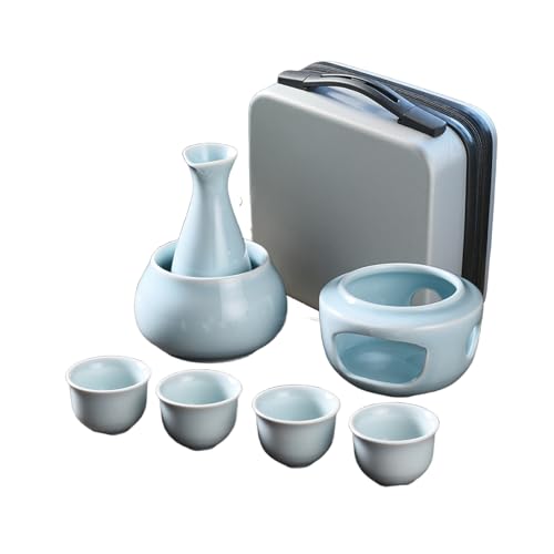 Juego de 7 Jarras de Vino de Cerámica, Juego de Botella de Sake Tradicional Japonés,1 Sake 175ML y 4 Tazas 45ML,Calentador de Vino,Vino Cálido y Vino de Hielo Están Bien (B-Cian, Caja de regalo)