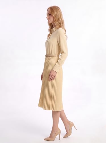 Image of Business Casual Shirt Dress for Women Long Sleeves Pleated Midi Dresses with Belt