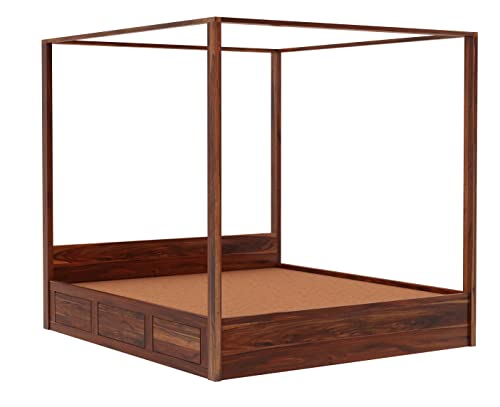 WOODLAB Sheesham Wood King Size Poster Bed with Hydraulic Storage Wooden Double Bed for Bedroom Living Room (Natural Finish)