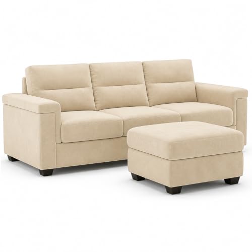 Image of FURNY Parker 3 Seater Sofa Set with Ottoman | Premium Suede Velvet Fabric Finish | Durable Comfort Sofa for Modern Living Room & Office Spaces (Cream)