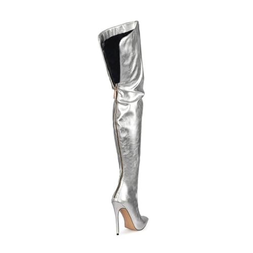 Image of Thigh high boots for women striped Back zipper Burgundy Zebra Print Over the knee Sexy gold white pointed toe Cow Print leopard Magenta stiletto heel