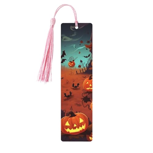 タッセル付きハロウィンしおり、木製しおり 女性用 男性用 ハンドメイドブックマーク 読書ページマーカー 木製タグ オーナメント 誕生日教師ギフト
