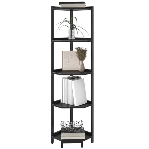 Hzuaneri Eckregal, 5-stöckiges Bücherregal, Standregal, Lagerregal, Eck-Bücherregal, Geeignet für Wohnzimmer, Arbeitszimmer und Büro, 30 x 30 x 136 cm, Schwarz CS05906B