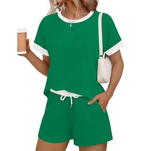 LOMON Women's 2 Piece Short Sets Summer Crew Neck Short Sleeve Matching Sets Outfits with Pockets