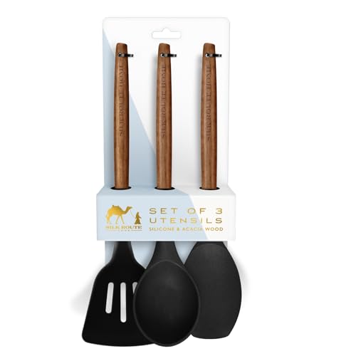 Elegant Silk Route Kitchen Utensil Set – 3 Premium Acacia Wood & Black Silicone Tools Including Turner, Spoon & Spatula