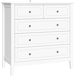 Dormitorio Muebles Cajoneras FOREHILL Cómoda con 5 Cajones, Cómodas y Cajoneras, Mueble Cajonera, Mueble Almacenaje para Dormitorio, Salón, Moderno, Blanco, 40x80x80cm