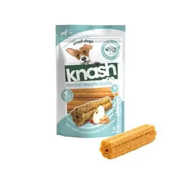 Knash Dog Dental Woofa Loofas Pack of 7 - Apple, Peanut Butter & Turmeric Flavour. Chew Care Veggie Based Daily Treats Healthy Teeth & Gums Small Dogs.