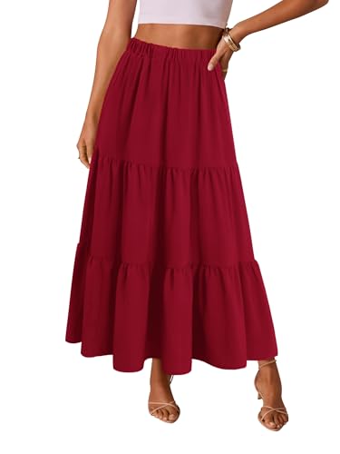 Magritta Womens Maxi Skirt Elastic High Waist Tiered A-Line Flowy Pleated Boho Beach Vacation Wine Red X-Large — view 2