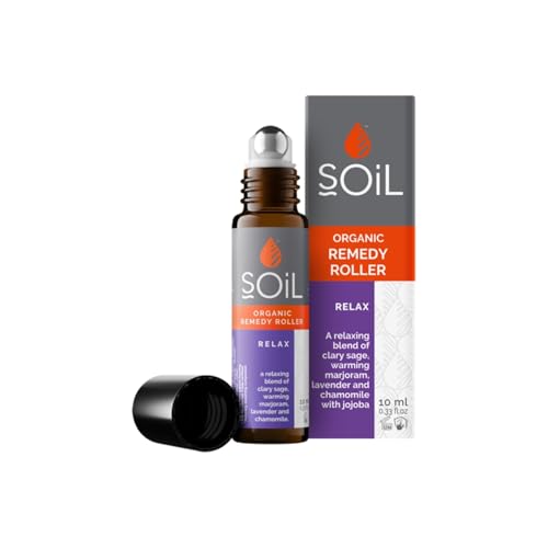 Soil Organic Relax Remedy Roller 10ml, Infused with Organic Clary Sage, Marjoram, Lavender & Chamomile Essential Oils, Aromatherapy Gift, Diluted with Jojoba Oil, Promotes Calm & Overall Wellbeing