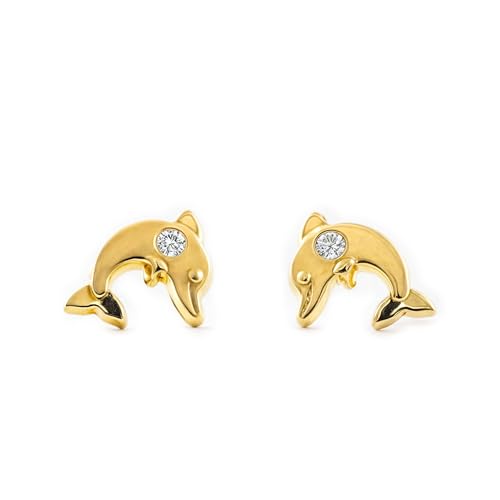 Boucles d'Oreilles Enfant dauphin Or Jaune 9 Carats - Certificat de Garantie - Coffret Cadeau