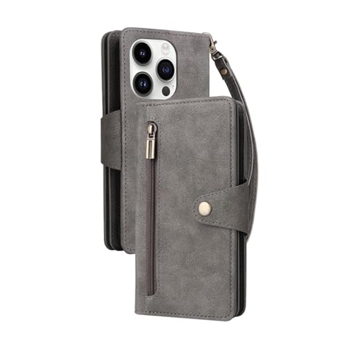 Étui iPhone 13 Pro Max en cuir gris avec fermeture éclair et lanière intégrée
