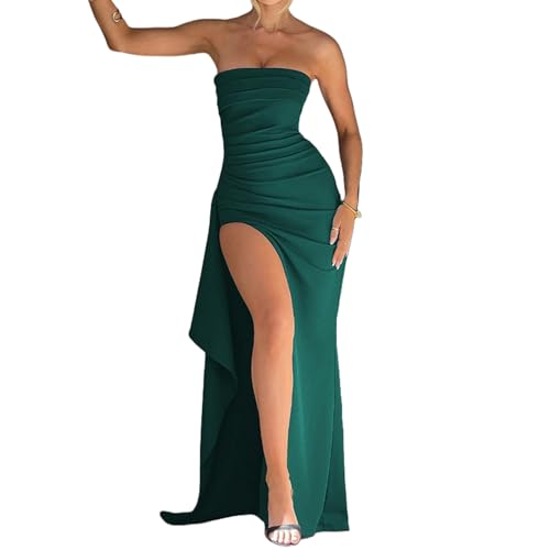 Image of Women's Sexy Strapless Backless High Split Long Maxi Dress Ruched Off Shoulder Sleeveless Bodycon Party Cocktail Dresses