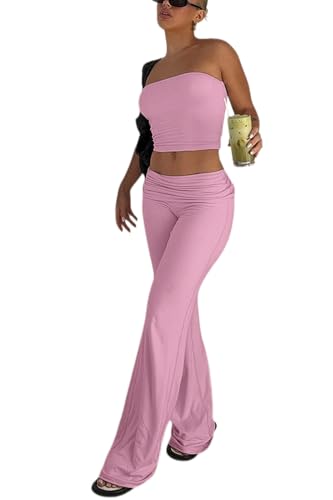 Image of Sexy Women's 2 Piece Lounge Sets Pajama Outfits Casual yoga Crop tube Top High Waist Wide Leg Foldover Flare Pants