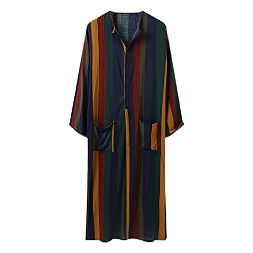 Men Colorful Striped Kaftan Robe Arabic Long Sleeve Buttons Maxi Loose Tops with Pockets Dubai Clothing