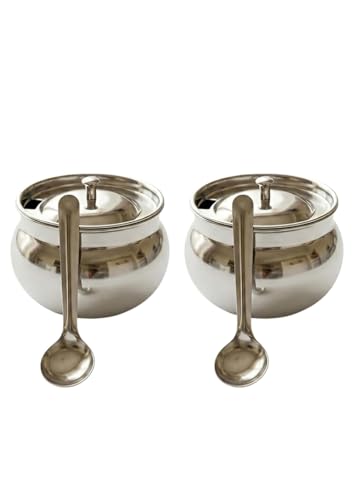 Image of AQUANERO+ Stainless Steel Ghee Pot Set of 2 with Tray and Spoon, for Storing and Serving Ghee, Oil, Chutney, Pickles, and Spices Food Grade Quality