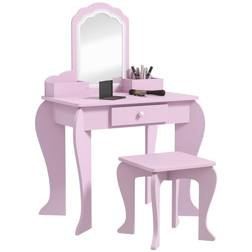 ZONEKIZ Set Toeletta con Specchiera Trucco per Bambina con Sgabello Abbinato, Tavolo Toeletta in Legno con Cassetto e...