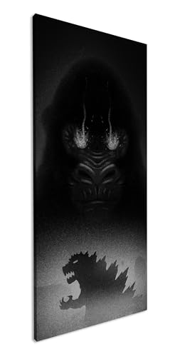 Gorila contra lagarto panorámico 100 x 50 cm, efecto: blanco y negro como lienzo, diseño enmarcado sobre marco de madera auténtica, impresión digital de alta calidad con marco