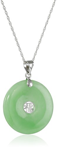 Amazon Collection Rhodium-Plated Sterling Silver Jade Donut with Asian Script Center Pendant Necklace