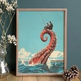 LIMAIDUO 1 Stück skurriles Tiefsee-Wandbild: Mann im Anzug angelt an einem spiralförmigen roten Tentakel mit schwebender Figur | Ozean-Fantasie-Dekor (40 x 60 cm/Rahmenlos)