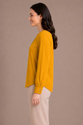 Image of Mirana Women's Full Sleeve Solid Top | Round Neck Pleated Front Regular Fit Office Casual Blouse with Button Cuffs