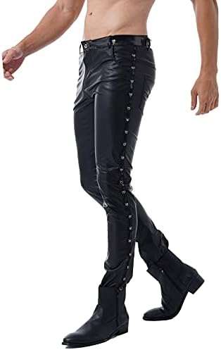 LiiYii Men's Faux Leather Skinny Pants Stage Club Long Trousers Stretch Tight Gothic Leggings Black Medium