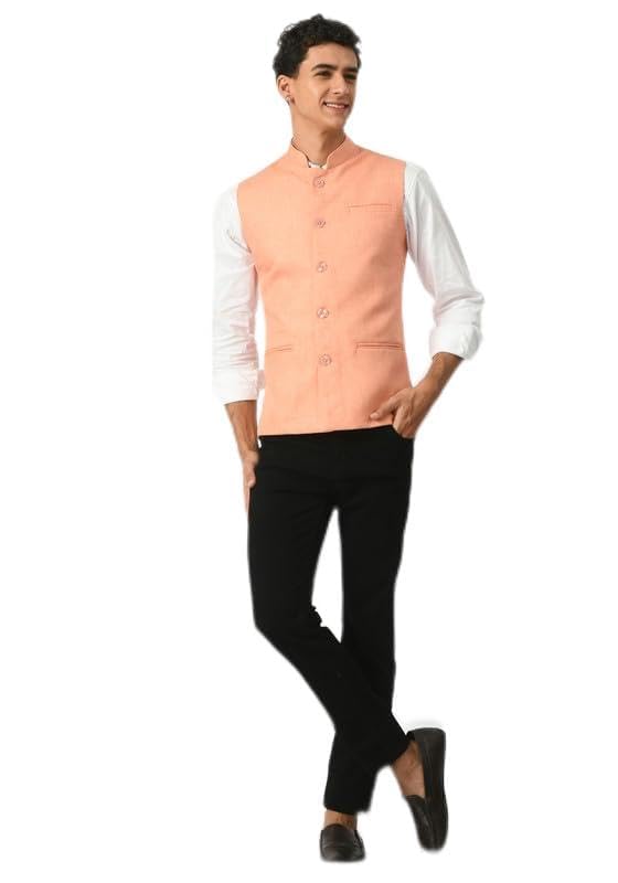 Men Solid Cotton Blended Nehru Jacket/Modi Waistcoat (Peach,Single)-image-27