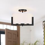 LAMPRESSION 14" Semi Flush Mount Ceiling Light Fixture, 3-Light Matte Black Semi Flush Mount with Dr
