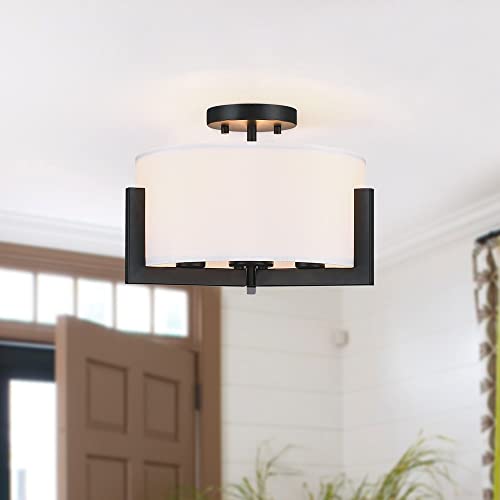 Lampression 14" Semi Flush Mount Ceiling Light Fixture, 3-Light Matte Black Semi Flush Mount With Drum Shade For Kitchen Island Dining Table Hallway Entryway Foyer #TOP10