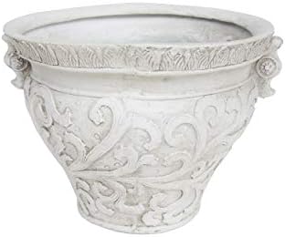 Great Deal Furniture Garden Urn Planter Pot, Round, Roman, Botanical, Antique White Lightweight Concrete