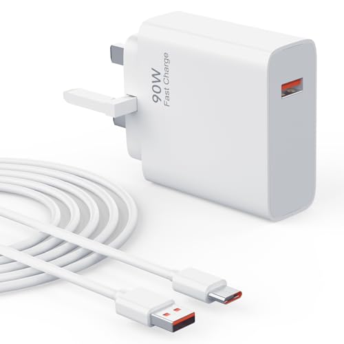90W USB Fast Charger Compatible with Xiaomi 15 Ultra 15 Pro 14T 14 Ultra, Turbo Charging for Redmi Note 14 13 12 11 Poco X7 F7 X7 Pro X6 F6 Pad 7 Wall Charger with 6A Type C Charging Cable 1M