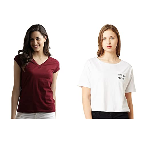 Image of Miss Chase Women's Maroon Super Soft V-Neck Short Sleeves Cotton Solid Regular Fit T-Shirt