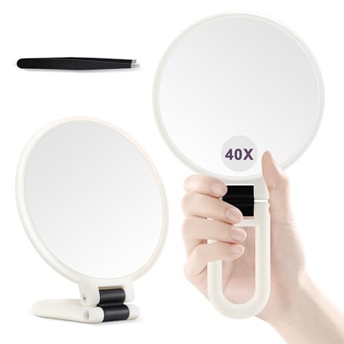 MIYADIVA Miroir Grossissant 40X, Miroir de Maquillage Main, Double Face avec Grossissement 40X/1X, Essentiel de Voyage, Portable et Pliable pour Bureau et Salle de Bain, Cadeau pour Femme, Blanc nacré