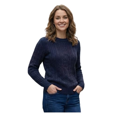 Image of Women’s Cable Knit Jumper Long Sleeve Crew Neck – Soft Fisherman Ladies Sweater, Warm Winter Knit Pullover-Navy M -L