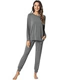 NACHILA Pajamas for Women-Viscose Made from Bamboo,Long Sleeve Pajama Sets Crew Neck Pj with Joggers Comfy Loungewear Dark Heather Grey XL